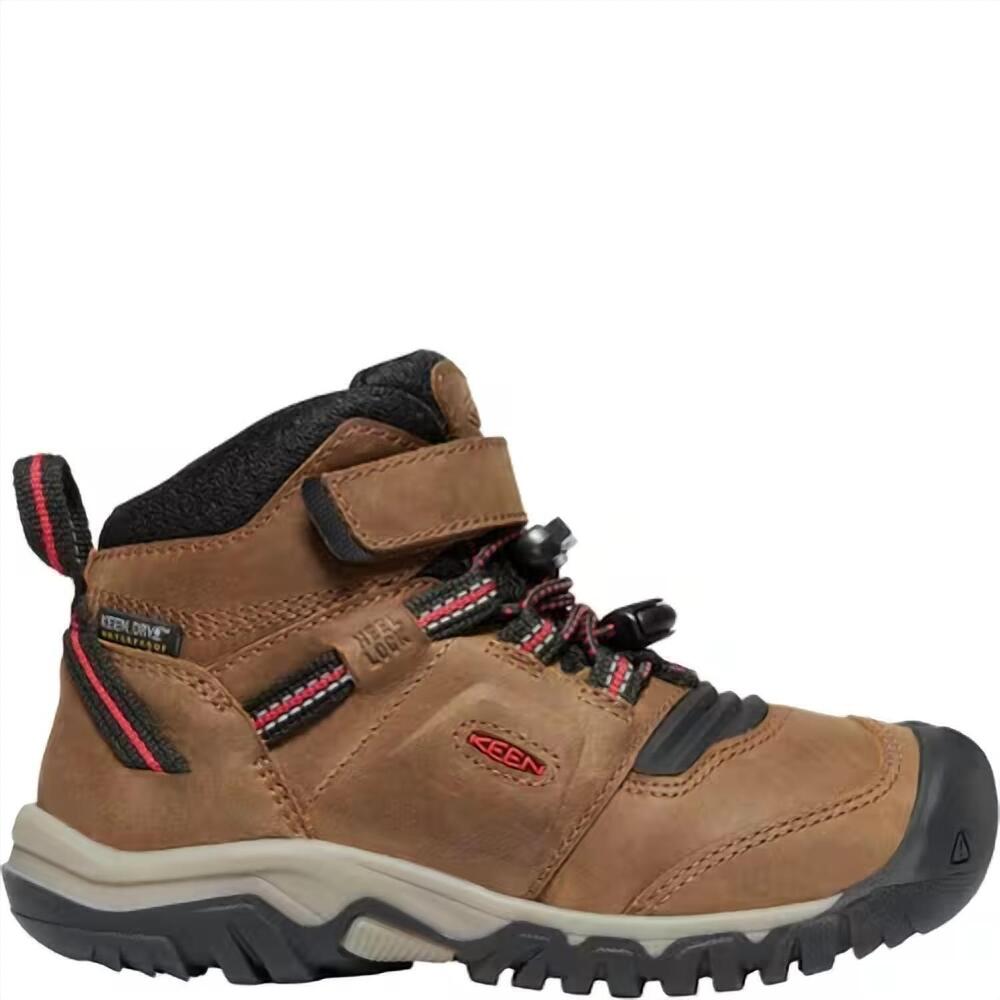 NEW KEEN boys ridge flex mid wp hiking boots in bison/red carpet